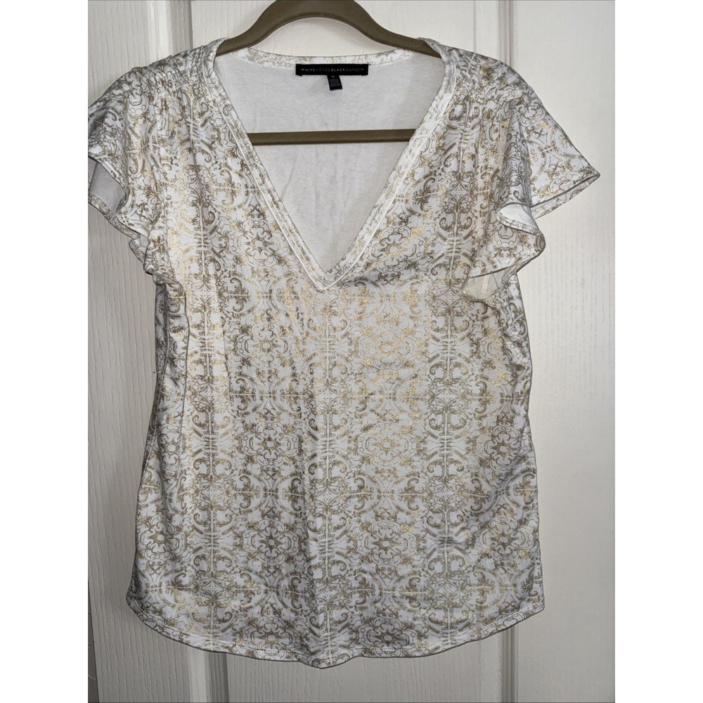 White House‎ Black Market Small Short Flutter Sleeve V Neck T SHirt Glitter 4275